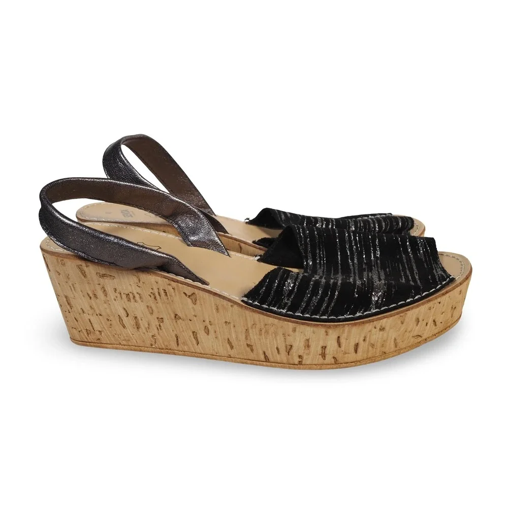 Senda Road Platform Cork Wedge Sandals Women's 9/40 Black Silver Slingback